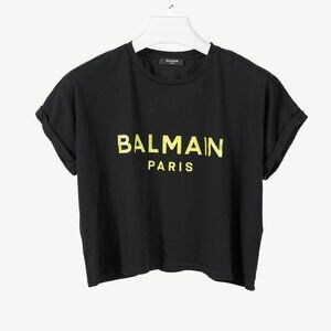 Balmain Black Cotton Cropped Lime-Logo-Print T-Shirt